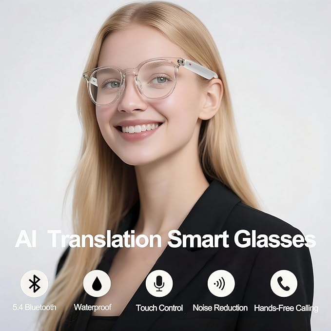 AI Smart Wireless Bluetooth Translation Glasses for Men/Women with Speakers/Bluetooth&140+ Languages Translation Sports/Travel/Drive/Busniess (C1+AI+Color Change Lenses+Transparent)