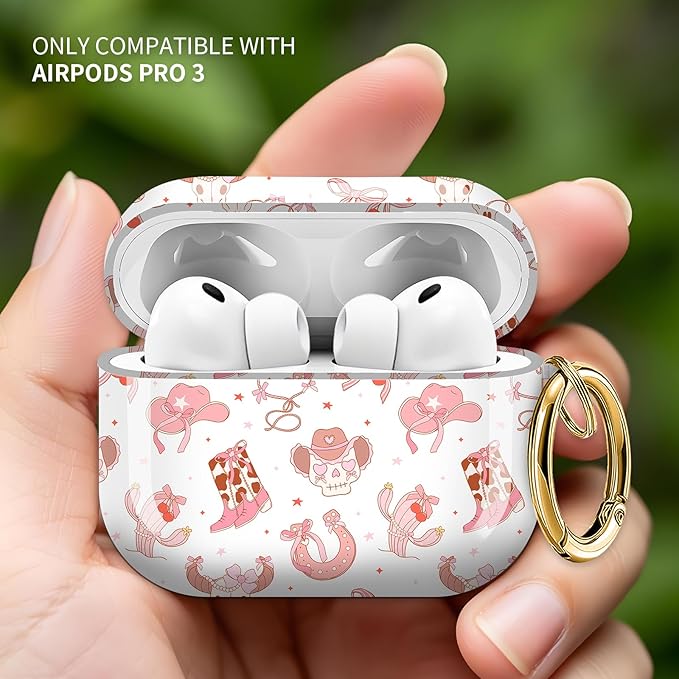 Cute Hard Case Compatible with AirPods Pro 3rd Generation Case (2025), Shockproof Protective Cover with Golden Keychain Ring Clip (Coquette Cowgirl)
