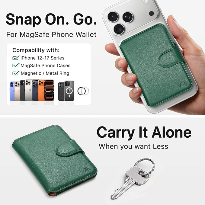 for MagSafe Wallet, Magnetic Phone Wallet RFID Blocking, Slim 5-8 Card Holder with Cash Slot & Clear ID Window, Minimalist Mag Safe Wallets for iPhone 17/16/15/14/13/12 Series, Forest Green