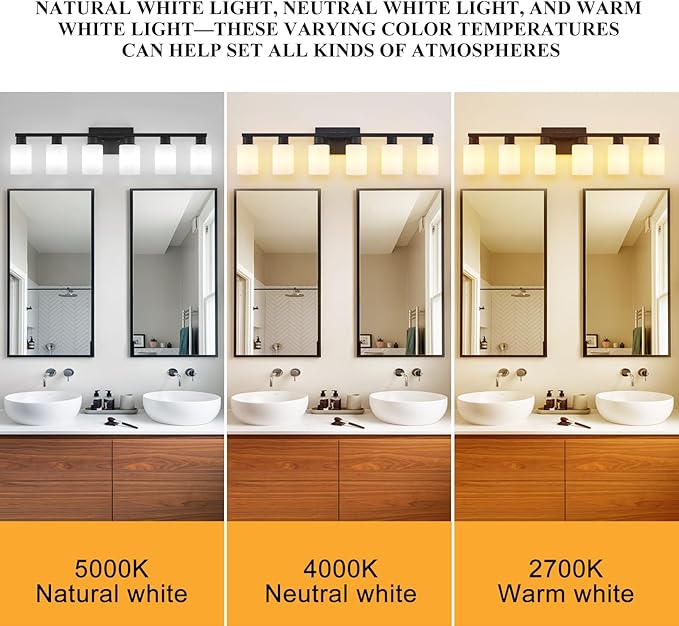 Black 6 Light Bathroom Vanity Light, Matte Black Vanity Lighting for Mirror, Rustic Bathroom Light Fixtures with Milky White Frosted Glass, Vanity Lights E26 Base Compatible
