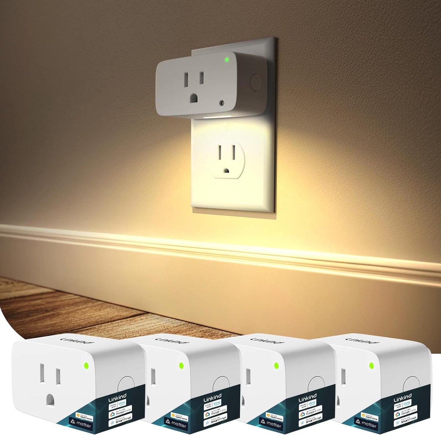 Matter Smart Plug with LED Night Light 4-Pack Works with Alexa Apple Home and Google 15A Dusk to Dawn Timer