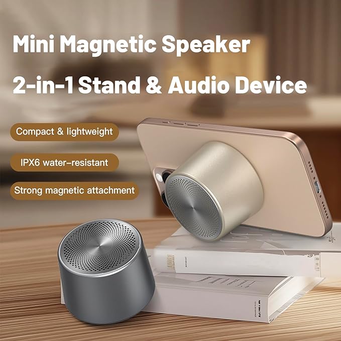 Mini Magnetic Bluetooth Speaker, 5W Internal-Magnet Speaker, Speakers with Hands-Free Call, IPX6 Waterproof, Portable Speakers for Shower, Room, Car, Trip, Ideal Gift for Men, Women (Champagne Gold)