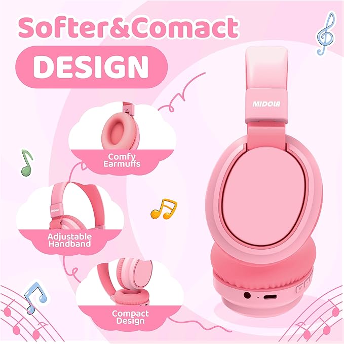 MIDOLA Kids Headphones Wireless Bluetooth 5.4 68H Play Time Volume Limit 85/94dB Over-Ear Foldable Headset,Type-C Fast Charging,with Wired Aux Mic for Toddler Boy Girl Pad Tablet Pink