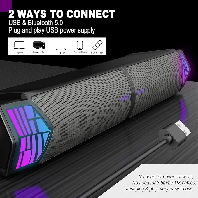 Smalody Gaming Speakers for PC, Computer Speakers for Desktop Monitor with Bluetooth, 2 in 1 Computer Speaker Soundbar, Can Be Split and Combined Freely
