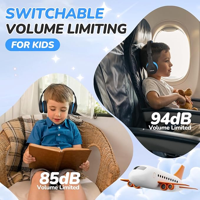Kids Bluetooth Headphones, 60 Hours Playtime, Bluetooth 5.4 Kids Headphones Wireless, Type-C Fast Charging, 85/94dB Volume Limited, Foldable Toddler Wireless Headsets with Mic-Black Blue