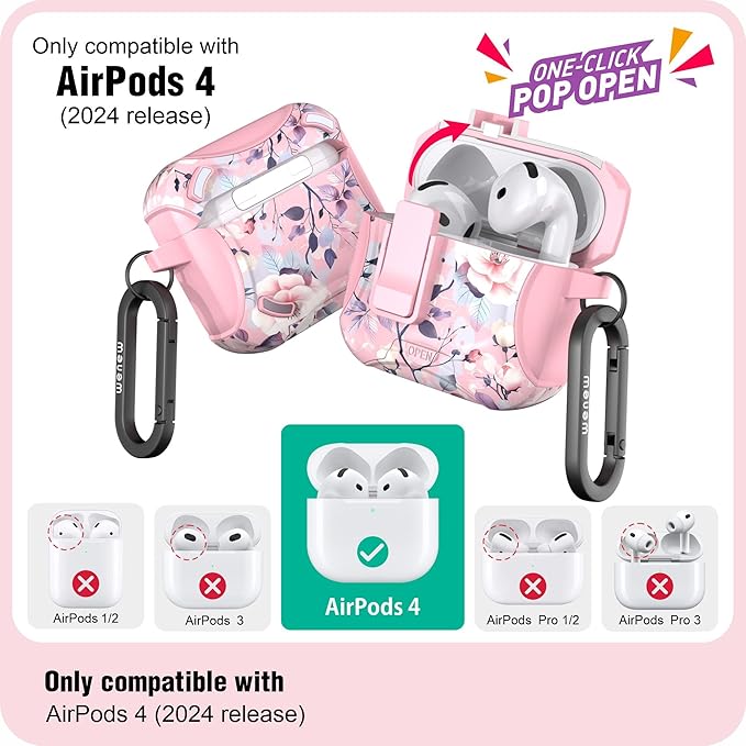 wenew Compatible with AirPods 4th Generation Case Cover with Phone Stand, Cleaner, Clip, Compatible with Magsafe Charger, One-Click Pop Open Lock iPod 4th Case (Pink 2, AirPods 4th)