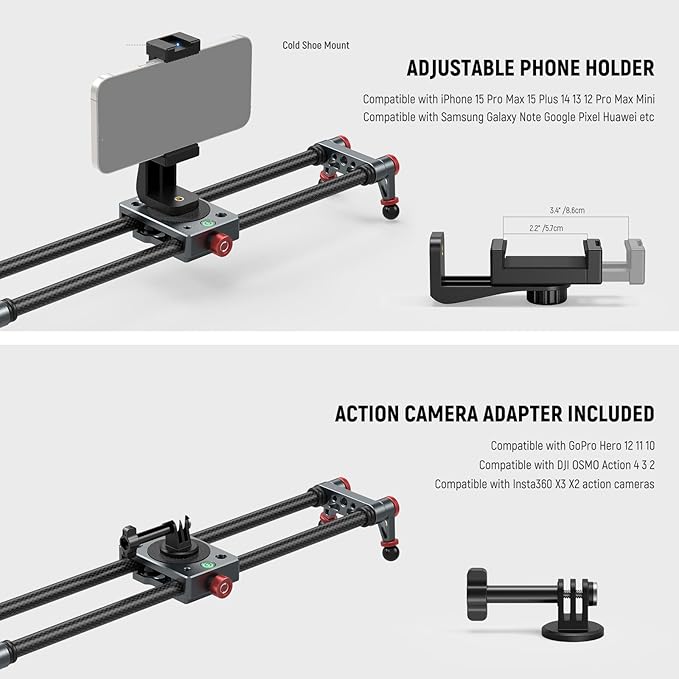 NEEWER 16in/40cm Carbon Fiber Camera Slider with 360° Ball Head/Phone Clamp/Action Camera Mount, Dolly Rail Track with 4 Bearings & Adjustable Legs, Compatible with GoPro Insta360 iPhone Android, CS1M