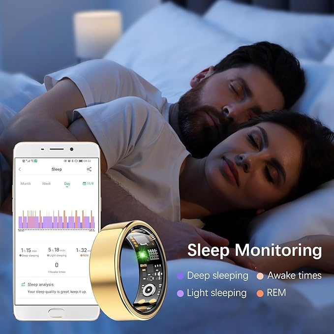 Health Tracker Ring, Smart Health Ring for Women Men with Heart Rate, Blood Oxygen, Sleep Monitor, Steps,Calories, No Subscription Fee, IP68 Waterproof Smart Ring for iphone & Android (Gold, 7#)