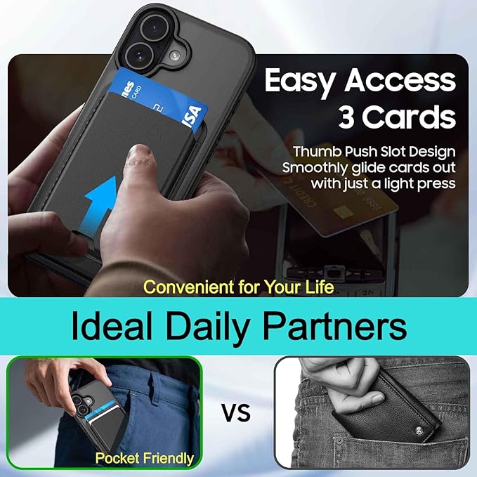 Magnetic for iPhone 16 Plus Case with Card Holder, Compatible with MagSafe, Slim Shockproof Phone Cover with Detachable Wallet, Built-in Magnet Ring, Black