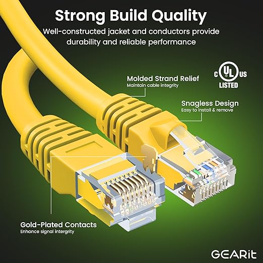 GEARit Cat 6 Ethernet Cable (20-Pack 3 Feet) Cat6 Network Patch, 10Gbps, RJ45, Snagless Cord, Gold-Plated Connectors, Internet for PC, TV, Tablet, Router, Printer, Servers, IT Data Center - Yellow