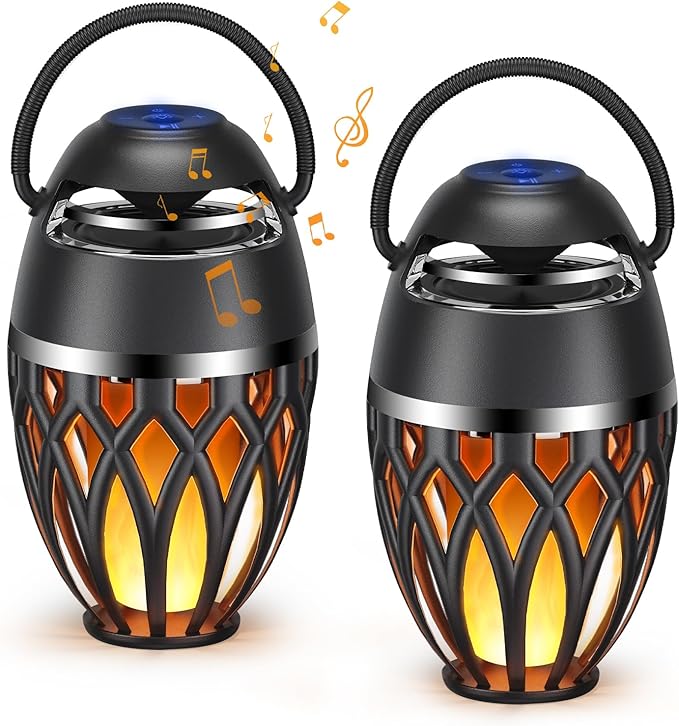 2 Pack Outdoor Bluetooth Speakers,Wireless Speaker with LED Flame Speaker BT 5.0,IP5X Waterproof Torch Lantern for Patio Pool Party,Valentines Day Gifts for Men