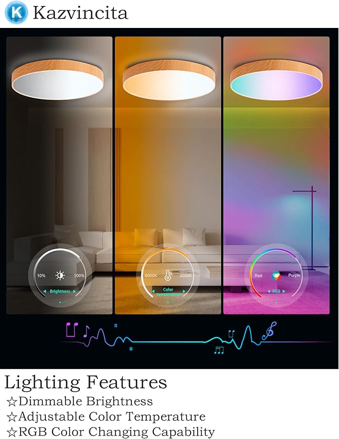 BT-Version LED Ceiling Light with Speaker 40W 13Inch Music Ceiling Lamp with Remote Control Adjustable Brightness & Color Temperature RGB Ambient Lighting for Kids Room Bedroom and More