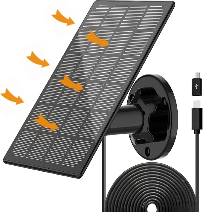 Solar Panel for Outdoor Camera, IP66 Waterproof Solar Charger, Continuous Solar Power Supply for Security Cameras, with 10ft Cable Type-C Port & Micro USB Adapter Solar Panel, 360° Adjustable Bracket