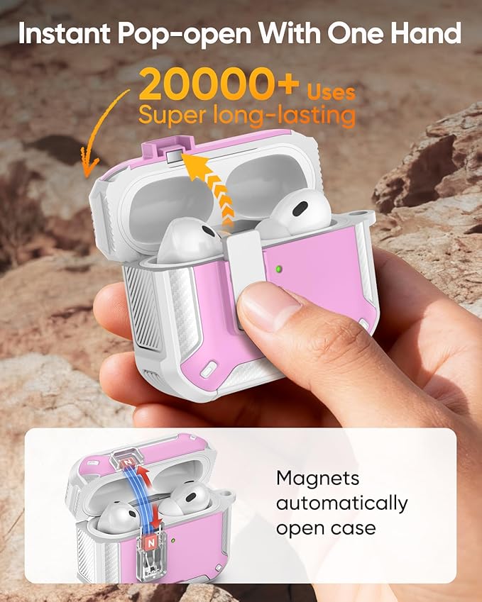 MoKo for AirPods Pro 3 Case with Lock 2025 - Compatible with MagSafe, Phone Stand & Auto Pop-up for AirPods Pro 3rd Generation Case, Military-Grade Protective Cover with Cleaner Kit, White + Pink