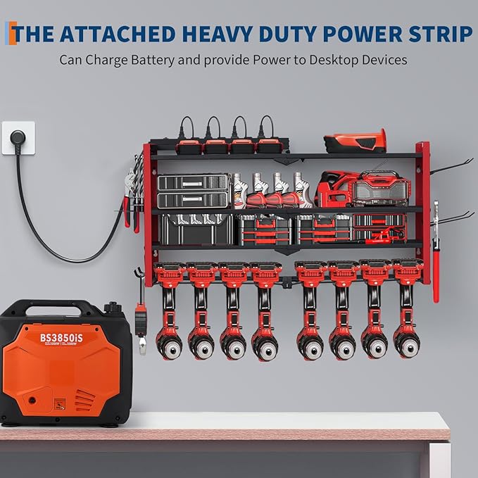 Power Tool Organizer, Drill Holder Wall Mount with Charging Station, Heavy Duty 4-Layer Garage Rack Metal Loads 400Lbs, 8 Drill Storage Shelf with Hooks, Drill Bit Shelf Battery Storage for Garage