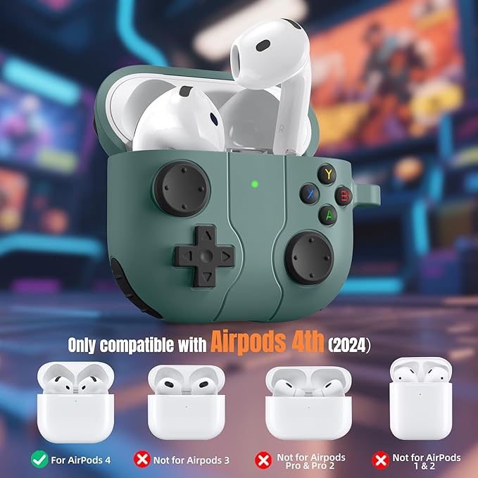 Getino Game Case for AirPods 4 2024 Cover with Cleaner Kit, Keychain, Compatible with Apple Airpods 4 Case Covers, Cute Funny Shock-Proof Protective Silicone AirPod 4 Cases for Men Boy-Pine Green