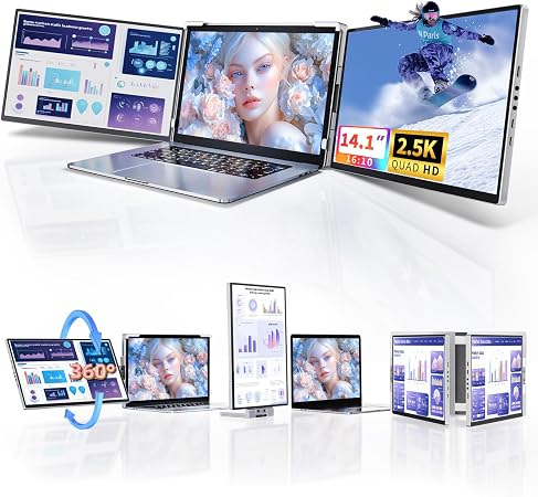 Laptop Screen Extender Monitor Portable - 2.5K Triple Laptop Screen Extender, Plug and Play Multiple Screens Extended Fits 13-17.3 Inch Laptops Compatible with, Windows, Chrome, Dex