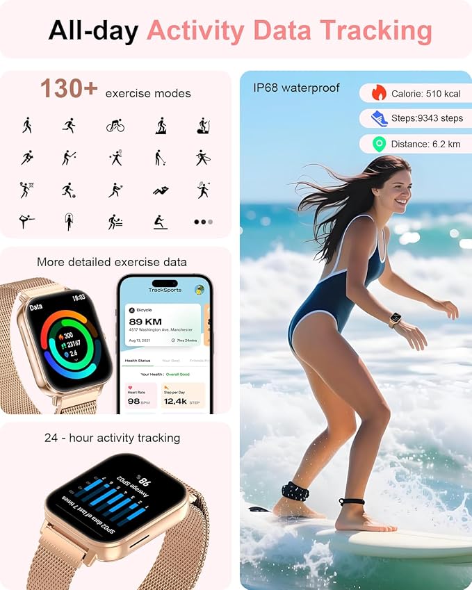 Smart Watches for Women,1.85'' HD Smartwatch with 30 Day+Battery Life Make/Answer Calls,Heart Rate/SpO2/Sleep Monitor, 120+ Sports IP68 Fitness Tracker for Android iOS(1000mAh,4 Bands,Rose Gold)