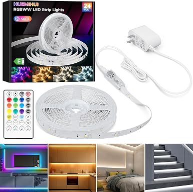 50Ft RGBWW+IC LED Strip Lights, Multi-Colored+3000K-6500K with Remote