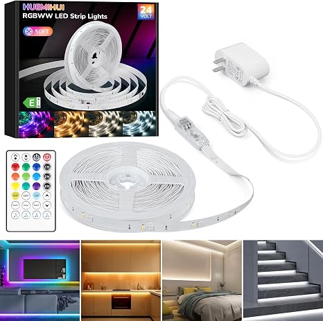50Ft RGBWW+IC LED Strip Lights, Multi-Colored+3000K-6500K with Remote