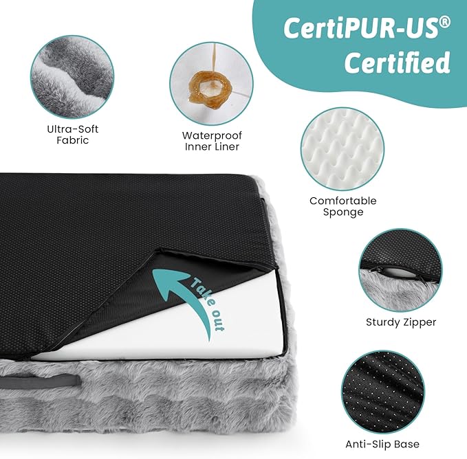 Faux Fur Orthopedic Dog Bed, Dog Bed for Large Size, Supportive Foam Pet Sofa with Waterproof Lining Cover, Washable U-Shaped Pet Couch with Anti-Slip Bottom, Grey L 36x27x6.5 inch