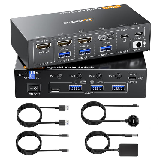 KVM Switch 4 Computers 1 Monitors 4K@60Hz,4 Port KVM Sharing 1 Monitor and 4 USB 3.0 Devices Such as Keyboard Mouse Printer,with Power Adapter and Wired Remote