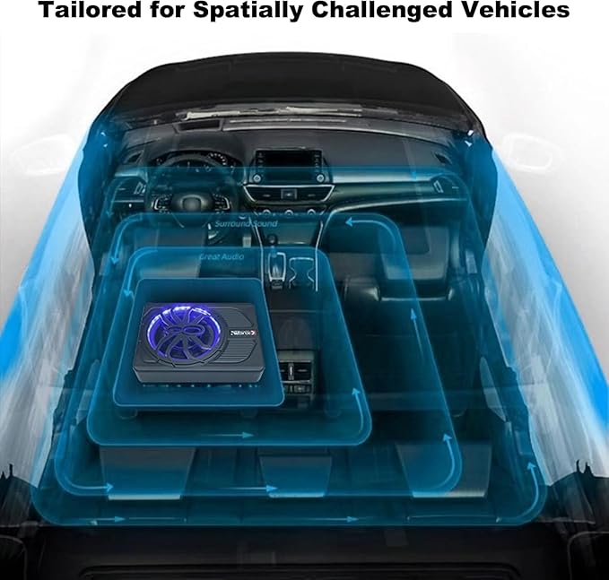 800W Car Subwoofer, 10” Slim Active Powered Subwoofer, Stereo Audio Under Seat Car Subwoofer with Built-in Amplifier, App Controlled Color LED Ambient Lights