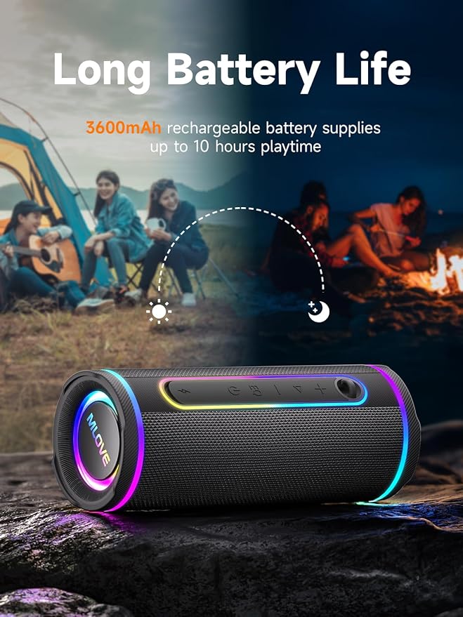 MLOVE E80 Speakers Bluetooth Wireless, Portable Bluetooth Speaker with Aux Input, Micro SD Card Slot, Bass Up, TWS, RGB Lights, IPX7 Waterproof, BT5.4 for Outdoor, Car Music, Beach, Gifts, 30W, Black