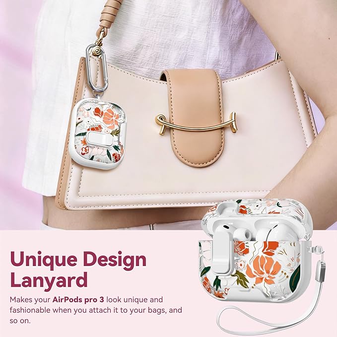 with Safety Lock for AirPods Pro 3 Case 2025,Clear Floral Cute Airpods Pro 3rd Generation Case with Phone Stand & Cleaner Kit for Apple AirPods Pro 3 for Women Girly-Orange Flower