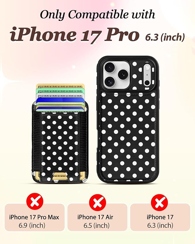 Shorogyt for iPhone 17 Pro Case Wallet - Fits 5 Cards, Compatible with Magsafe Detachable Magnetic Credit Card Holder Leather Cardholder Cute Phone Cover Women Girls for Apple 17Pro, Polka Dots