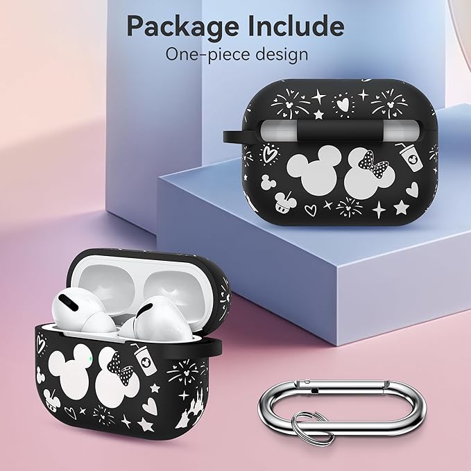 Compatible with Airpods Pro 2nd/1st Generation Case Cover with Keychain, Women Men Soft Silicone Two-Tone Cute Cartoon Engraved Convenience Protective Case, Front LED Visible Black/White
