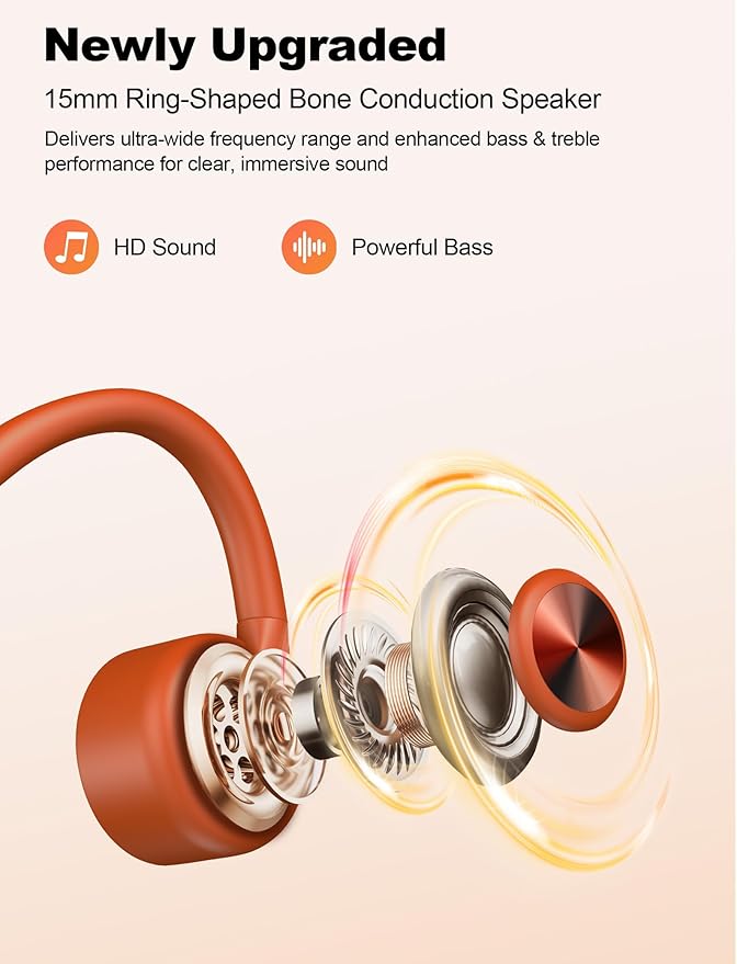 Bone Conduction Headphones, Open Ear Headphones with MP3 Mode 32GB, 10Hrs Playtime IP68 Waterproof Swimming Headphones Secure Fit for Running, Cycling, Work, Gift（Orange）