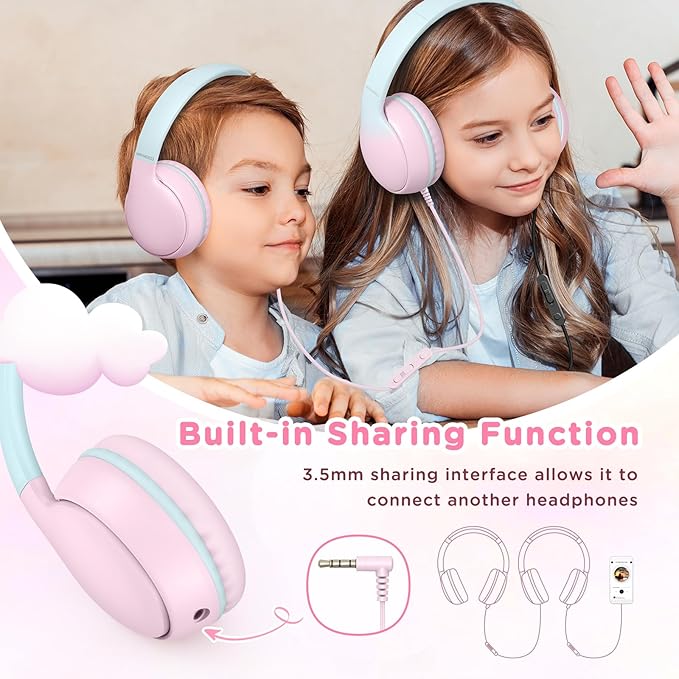 weneed Kids Headphones Wired with Microphone, Over Ear 85/94dB Volume Limited Headphones with Share Port, Stereo Sound Foldable Headset for Teens/Boys/Girls