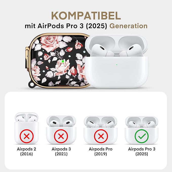 Maxjoy for AirPods Pro 3rd Generation Case with Lock, Flower AirPods Pro 3 Case Protective Hard Cute AirPod Pro 3 Cover for Women Men with Keychain for Airpod Pro 3rd Gen Cover 2025, Rose
