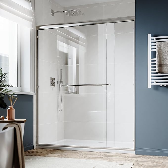 SUNNY SHOWER Double Sliding Glass Door 60" W x 72" H Shower Door 1/4" Tempered Glass Sliding Door Semi-Frameless Shower Glass Enclosure Bypass Walk in Shower Cabin, Brushed Nickel