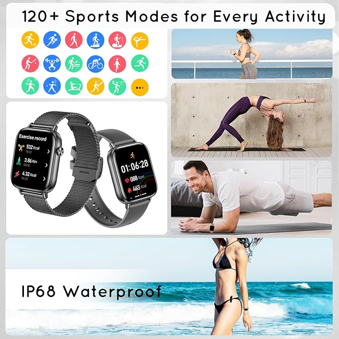 Smart Watch for Men Women (Answer/Make Calls) 1.83" HD 3 Bands Smartwatch Compatible Android iPhone Phones with Fitness Step Tracker/Heart Rate/Sleep Monitor, 120+ Sports Modes IP68 Waterproof, Black