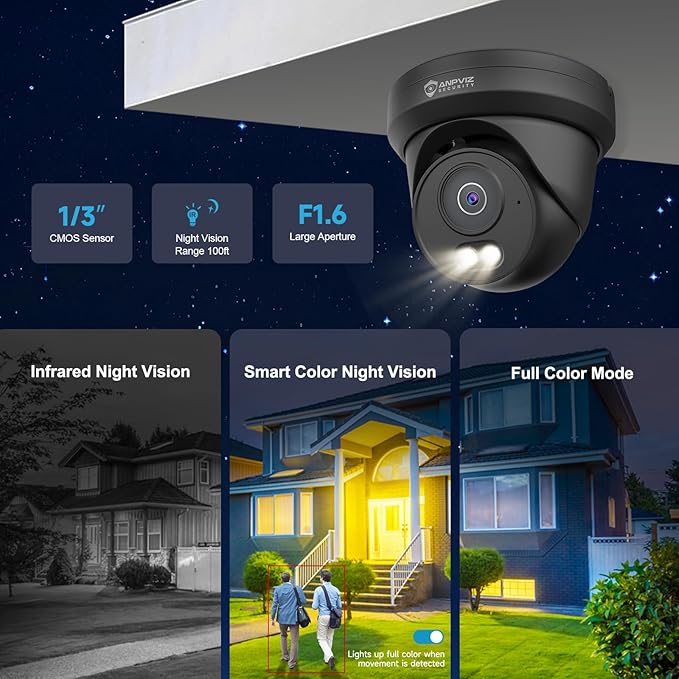 Anpviz 6MP PoE IP Camera Black, Full Metal Turret Security IP Camera Outdoor Indoor, Smart Dual Light Color Night Vision, AI Human Vehicle Detection, Built-in Mic, 2.8mm Lens, IP66 Waterproof, NDAA