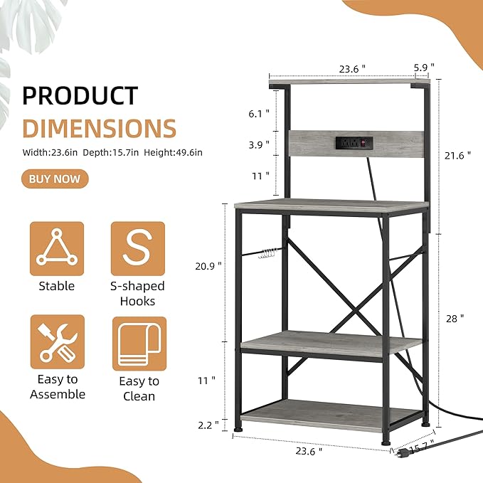Shintenchi Bakers Rack with Power Outlet, Kitchen Organizers and Storage with 6 Hooks, Microwave Oven Stand, Kitchen Shelf for Spice, Coffee Station, Coffee Bar Table (Gray)