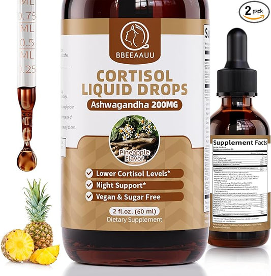 2 Pack Cortisol Supplements for Women & Men, with 200mg Ashwagandha, L-Theanine & Phosphatidylserine, 21-in-1 Cortisol Manager Reducer Liquid Drops, Support Night, Focus & Energy, Pineapple