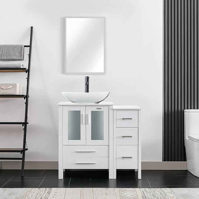eclife 36" Modern Bathroom Vanity Sink Combo Freestanding Cabinet with Small Side Cabinet, White Curved Ceramic Vessel Sink, Water Save Faucet, Drain (White+T32)
