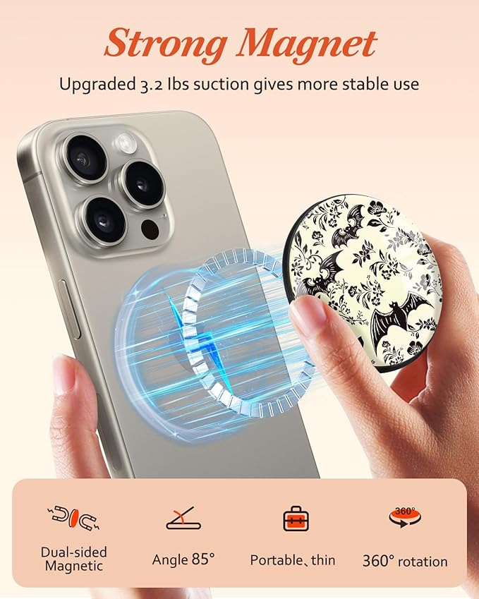 Kidcube Magnetic Phone Grip Compatible with Magsafe - Cell Phone Grip Stand Magnetic Ring Holder Finger Kickstand for iPhone 17 16 15 14 13 12 Series Magnet Removable Accessories Cute Bat Flower