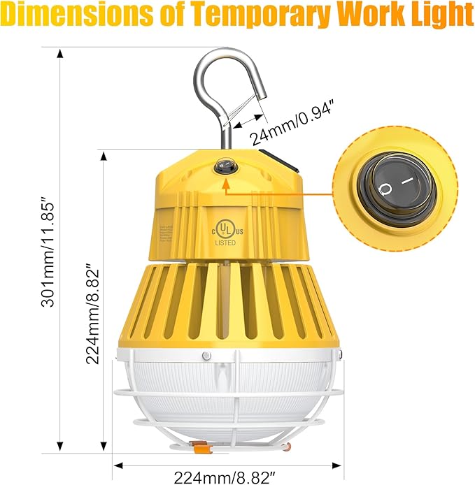 LED Temporary Work Light 100W, 13000LM 5000K Portable Hanging Construction Light with 10ft Cable Plug and Sturdy Hooks Linkable LED Work Light for Job Site Lighting, Workshop, Garage ETL Listed