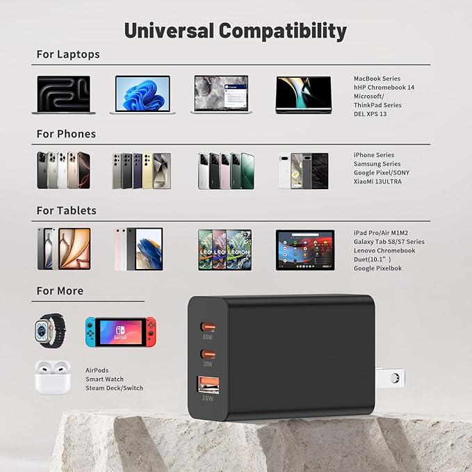 100W USB C Wall Charger ，3-Port GaN USB C Charging Block,PD+QC Power Adapter Multiport Brick Type C Plug for iPhone17 16 15 14 13 12 11 Pro Max XS，MacBook, XPS, Galaxy S24 and More
