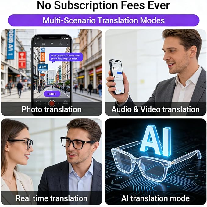 AI Smart Glasses for Men and Women – Powered by ChatGPT, Bluetooth Translation Glasses with 164 Languages, Photochromic Lens, Music Playback/Hands-Free Calling, UV/Blue Light Protection Black