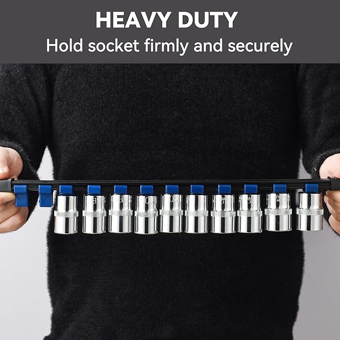 ALOANES 9PC ABS Socket Organizer, Socket Rails Fit 1/2 inch, 3/8 inch and 1/4 inch Drive, Heavy Duty Socket Holders Hold up to 129 Sockets, Black Rails with Red Blue Black Clips