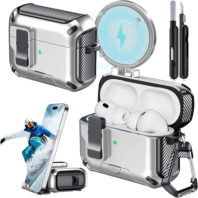 for AirPods Pro 3 Case (2025) with Phone Stand,（with Automatic Snap Switch） Carbon Fiber Design Protection Cover with Cleaning Pen,Silver