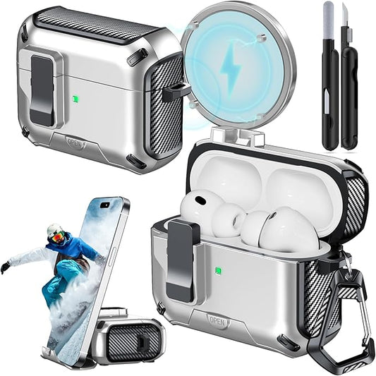for AirPods Pro 3 Case (2025) with Phone Stand,（with Automatic Snap Switch） Carbon Fiber Design Protection Cover with Cleaning Pen,Silver