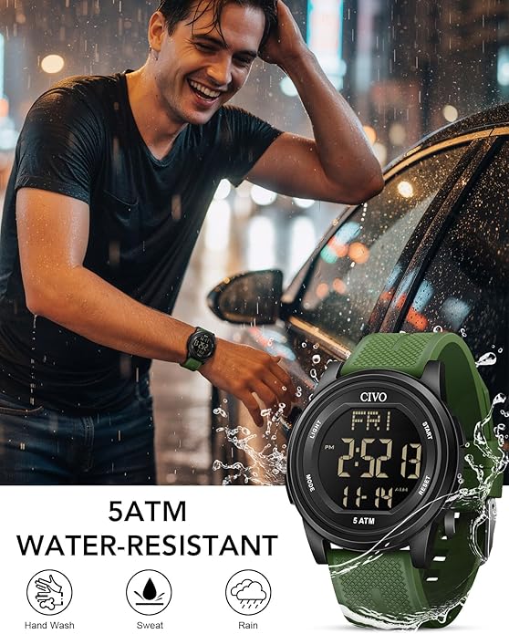 CIVO Digital Watches for Men Women: Sports Waterproof Wristwatch with Stopwatch Alarm Date - LED Backlight Big Numbers Silicone Watch for Outdoor Camping Running Cycling