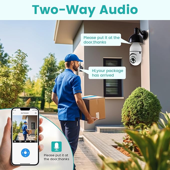 E26 Socket Security Camera - 2K HD WiFi Camera with Night Vision, Motion Detection, Two-Way Audio, Indoor/Outdoor Cameras for Home Security,Support WiFi & 2.4GHz (1PCS)