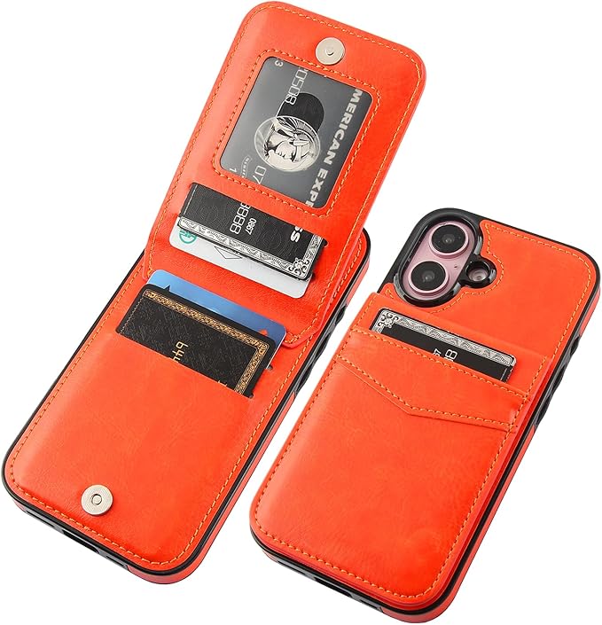 KIHUWEY Compatible with iPhone 16 Case Wallet with Credit Card Holder, Flip Premium Leather Magnetic Clasp Kickstand Heavy Duty Protective Cover for iPhone 16 6.1 Inch (Orange)